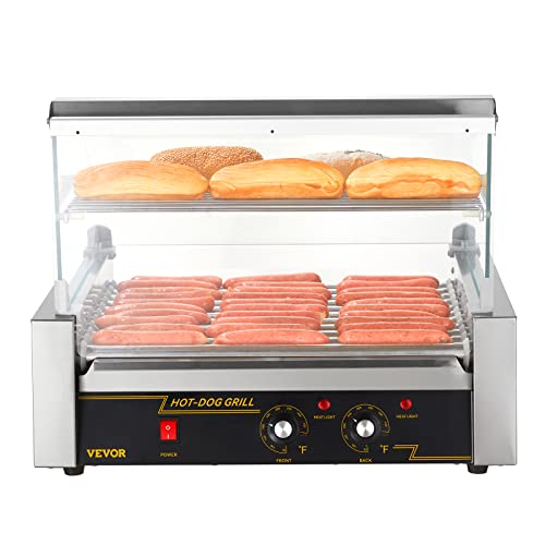VEVOR Hot Dog Roller,5 Rollers 12 Hot Dog Capacity, 750W Stainless Steel Cook Warmer Machine with Dual Temp Control, LED Light and Detachable Drip Tray, Sausage Grill Cooker for Kitchen Restaurant
