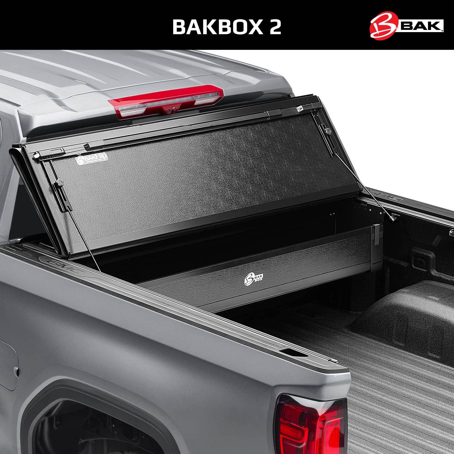BAK BAKBox 2 Fold-Away Utility Box | 92120 | Fits 2014 - 2022 Chevy/GMC Silverado/Sierra (w/o CarbonPro Bed) 1500, 2015-21 2500/3500HD All Beds , Black
