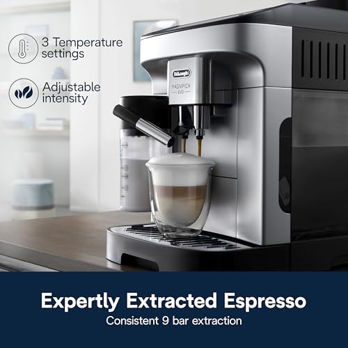 De'Longhi Magnifica Evo Automatic Espresso & Coffee Machine with Auto Milk Frother, Built-in Grinder & Auto-Clean Function - For Latte, Cappuccino, Americano, Iced Coffee, ECAM29084SB , Silver