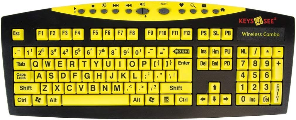 AbleNet Keys-U-See Large Print English USB Keyboard with Wireless Mouse Bundle (USB Receiver Stored Inside Mouse Battery Compartment), Black and Yellow (CD1542) Pack of 2