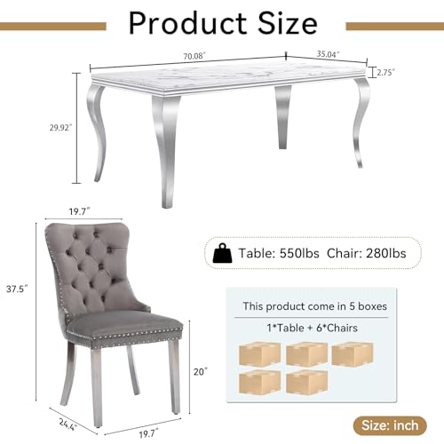 White Marble Dining Table Set for 6, Modern Kitchen Dining Room Table Set for 6,Rectangle Faux Marble Dining Table and 6 Grey Velvet Tufted Upholstered Chairs,7 Piece Luxury Silver Dining Table Set
