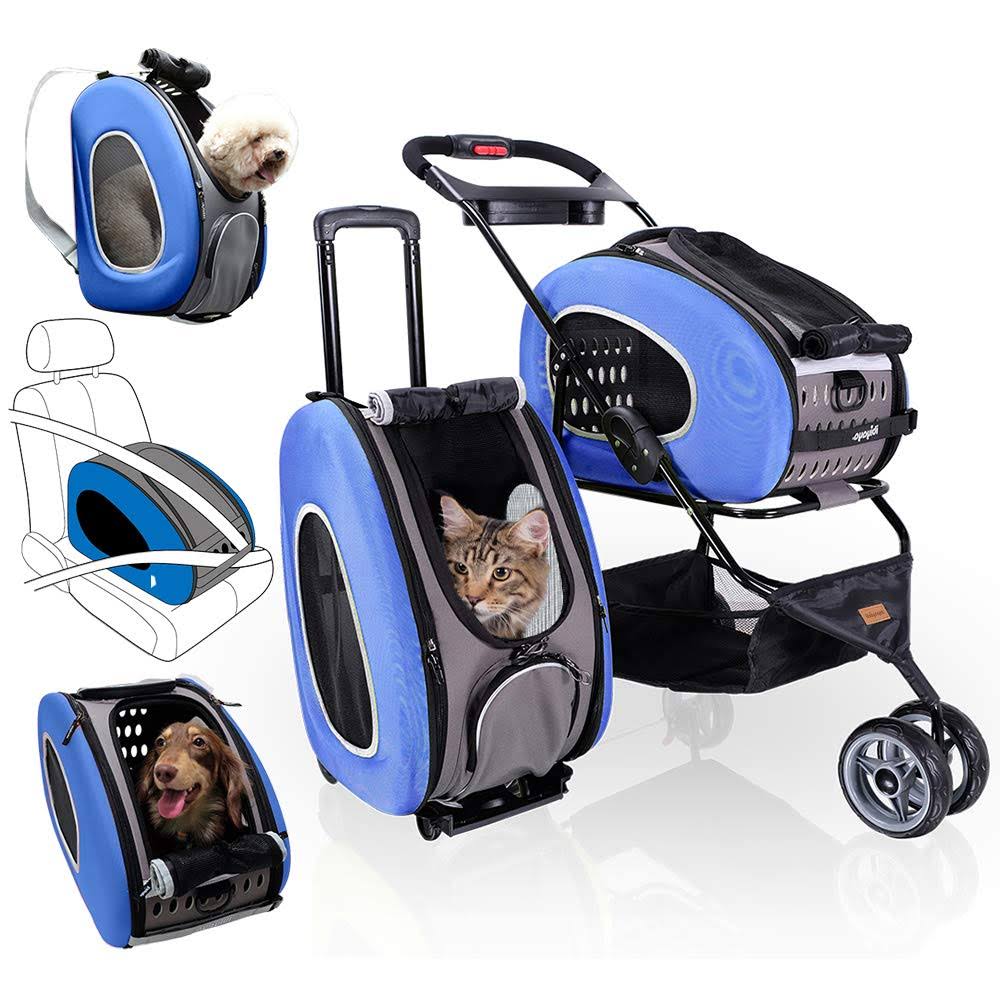 Ibiyaya 5 in 1 Pet Carrier + Backpack + Carseat + Pet Carrier Stroller + Carriers with Wheels for Dogs and Cats All in One (Blue