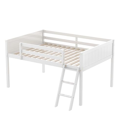 Full Size Wood Low Loft Bed with Convertible Ladder, Solid Wood Bed Frame with Safety Guardrail, 350 lbs Weight Capacity, No Box Spring Required, for Girl Boy Kid Bedroom (Gray-072)