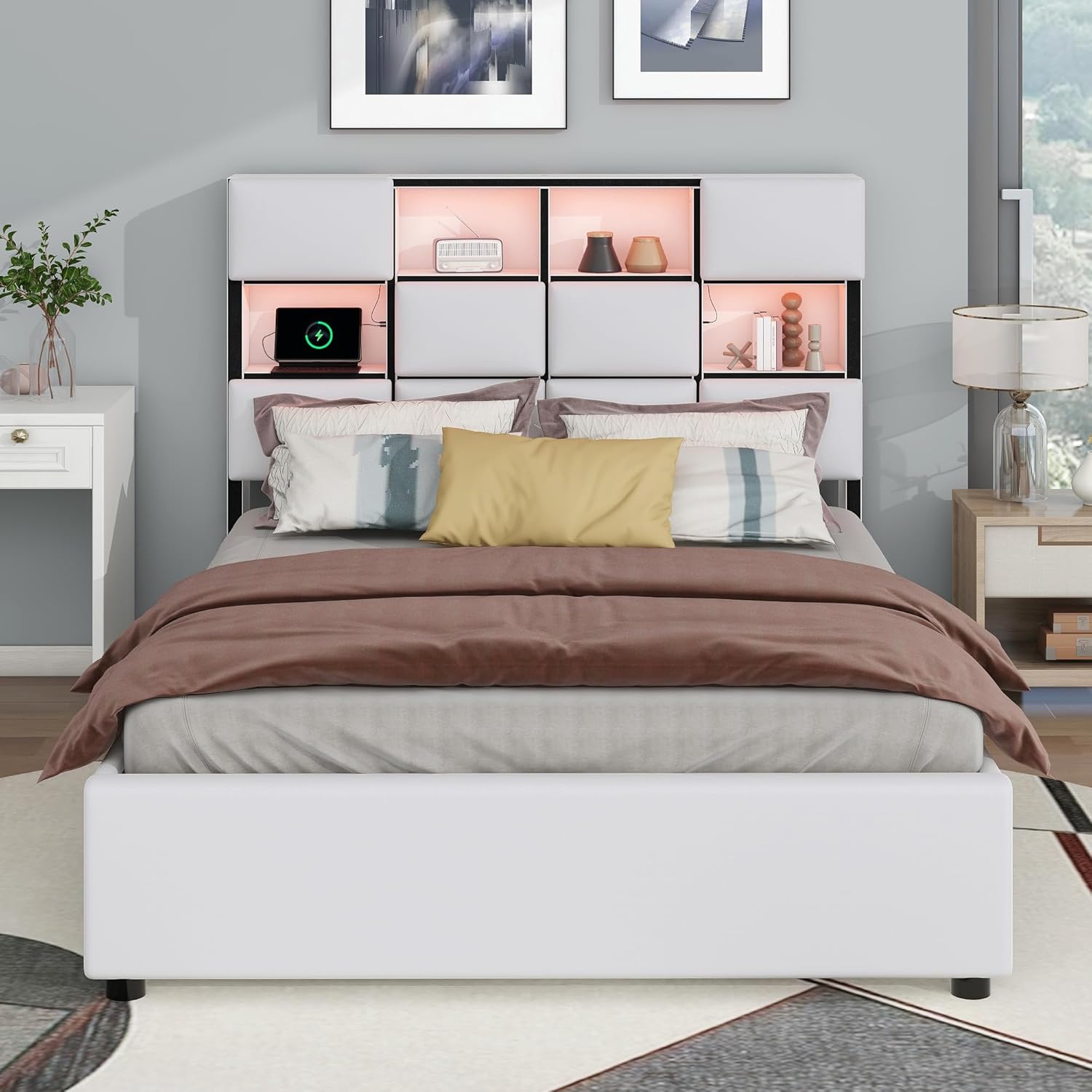 Full Size Bed Frame with Storage Headboard, Upholstered Platform Bed with USB Port & LED Lights, No Box Spring, Beige