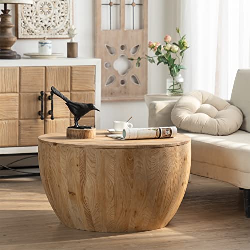 31.50" Round Drum Coffee Table - Round Wood Coffee Table with Bucket Shaped and Vintage Style, Unique Coffee Table with Storage Function, Circular Coffee Tables for Living Room (Brown)