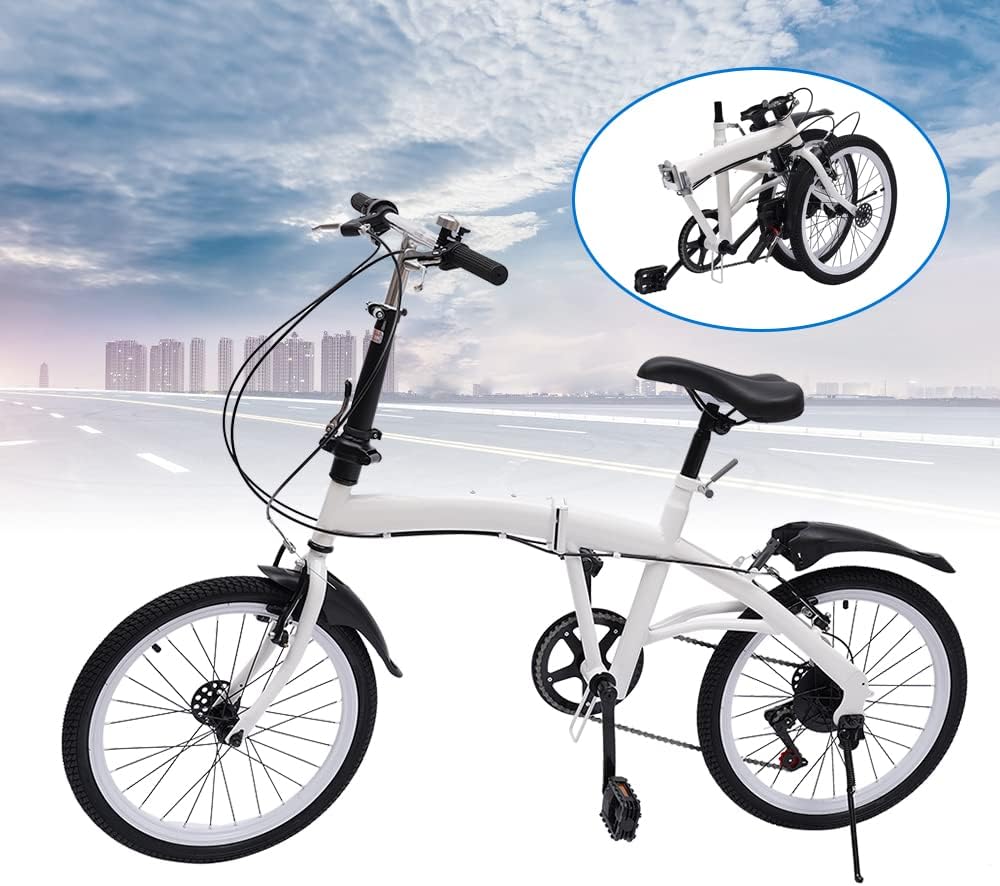 Folding Bike Foldable Bicycle with 7-Speed Shifter Adjustable Handlebar Height 20-Inch Wheels Men and Women City Bicycle with Double V-Brake for Leisure Riding &Commuting White