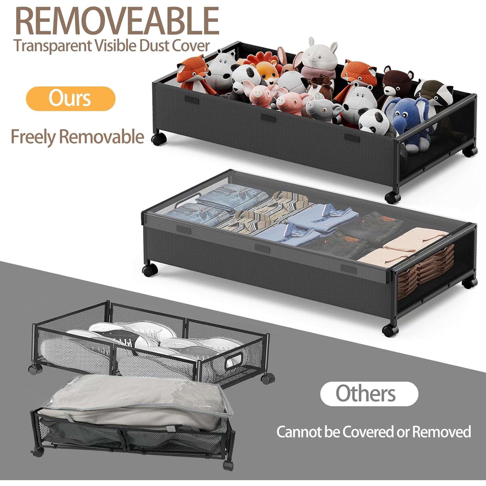 Under Bed Storage with Wheels,2 Pack Under Bed Shoe Storage, Under the Bed Storage Drawers with Remove Window, Extra Large Rolling Under Bed Storage Metal Drawer for Clothes (Black-2 pack)