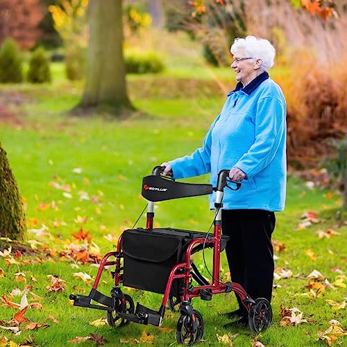 GOPLUS 2 in 1 Rollator Walkers for Seniors, Folding Rollator Walker with Seat, 8-inch Wheel Medical Drive Walker Wheelchair Combo with Backrest, Adjustable Handle for Adults, Aluminium Frame