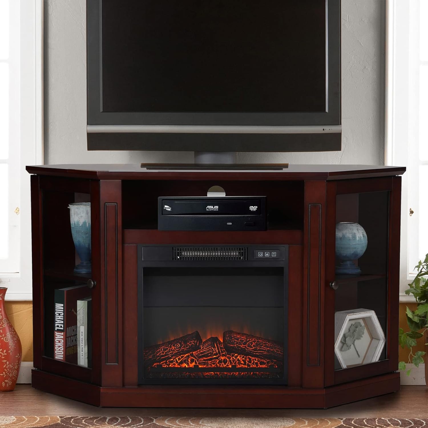 Sophia & William Farmhouse Electric Fireplace TV Stand for TV's Up to 65, Accent Decorative Barn Door Storage Cabinet Chest with 23 Insert Fireplace for Living Room Bedroom Home Office, Burlywood