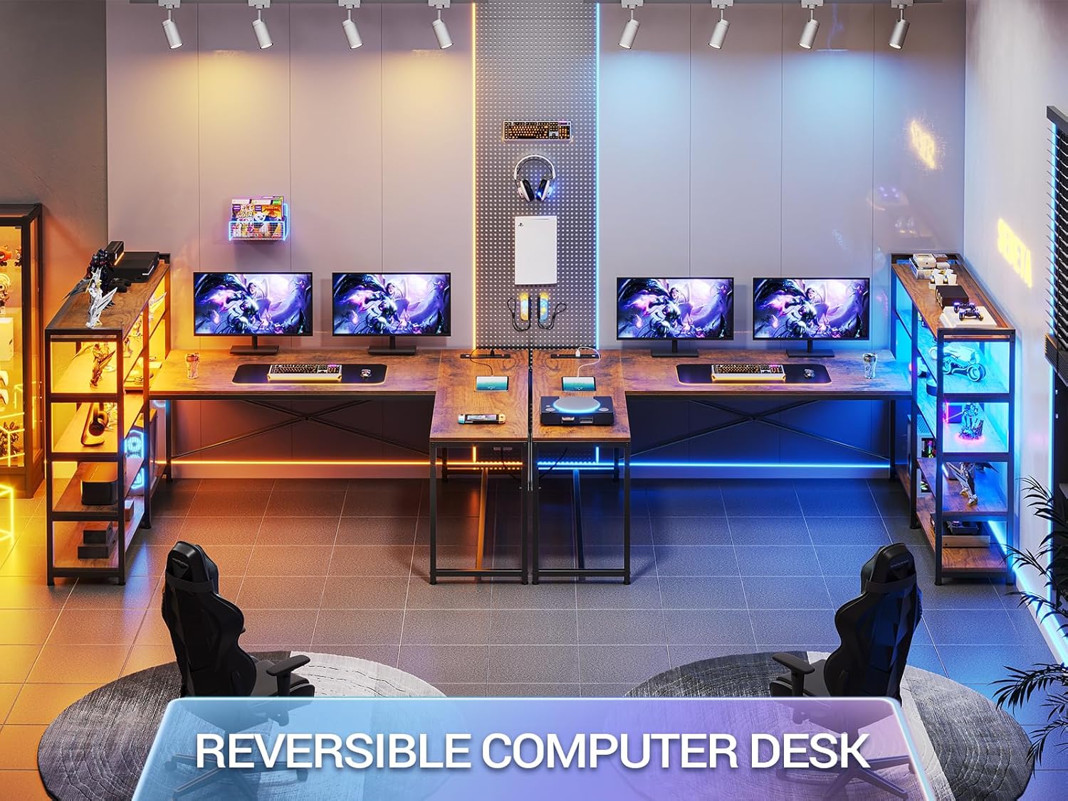 SEDETA L Shaped Computer Desk, 64.5'' Reversible U Shaped Office Desk with Storage Shelves & Power Outlet, L Shaped Gaming Desk with LED Light, Bookshelf for Home Office, Rustic Brown