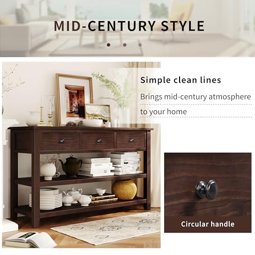 LUMISOL Retro Design Entryway Table with Storage Drawers and Shelves, Console Table with Pine Solid Wood Frame and Legs for Living Room, Espresso