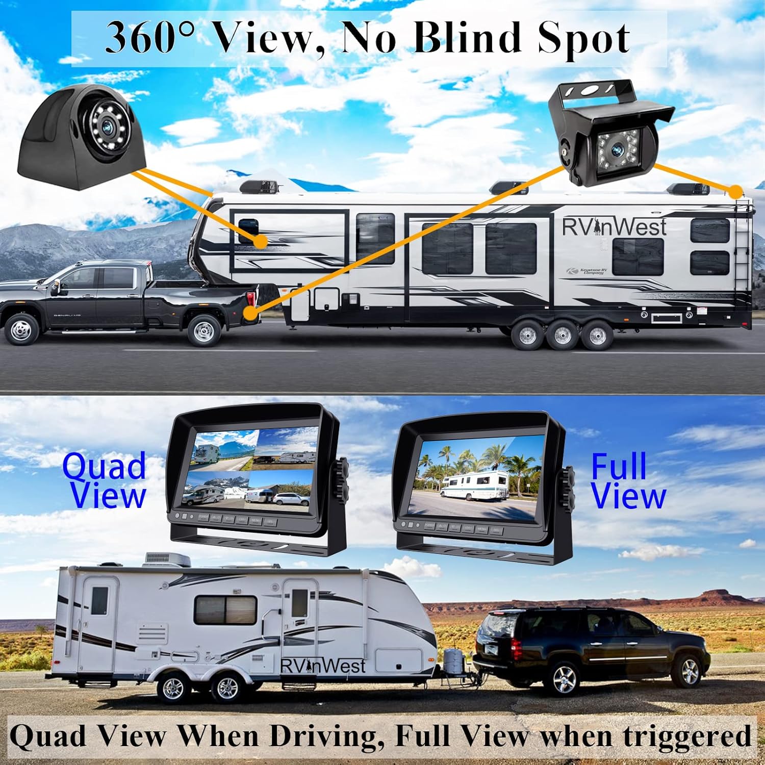 Backup Camera System with 9'' 1080P Monitor for RV Semi Box Truck Trailer Camper, 4 Split Screen Quad View HD DVR Record Monitor + IP69 Waterproof Night Vision Rear Side View Camera Avoid Blind Spot