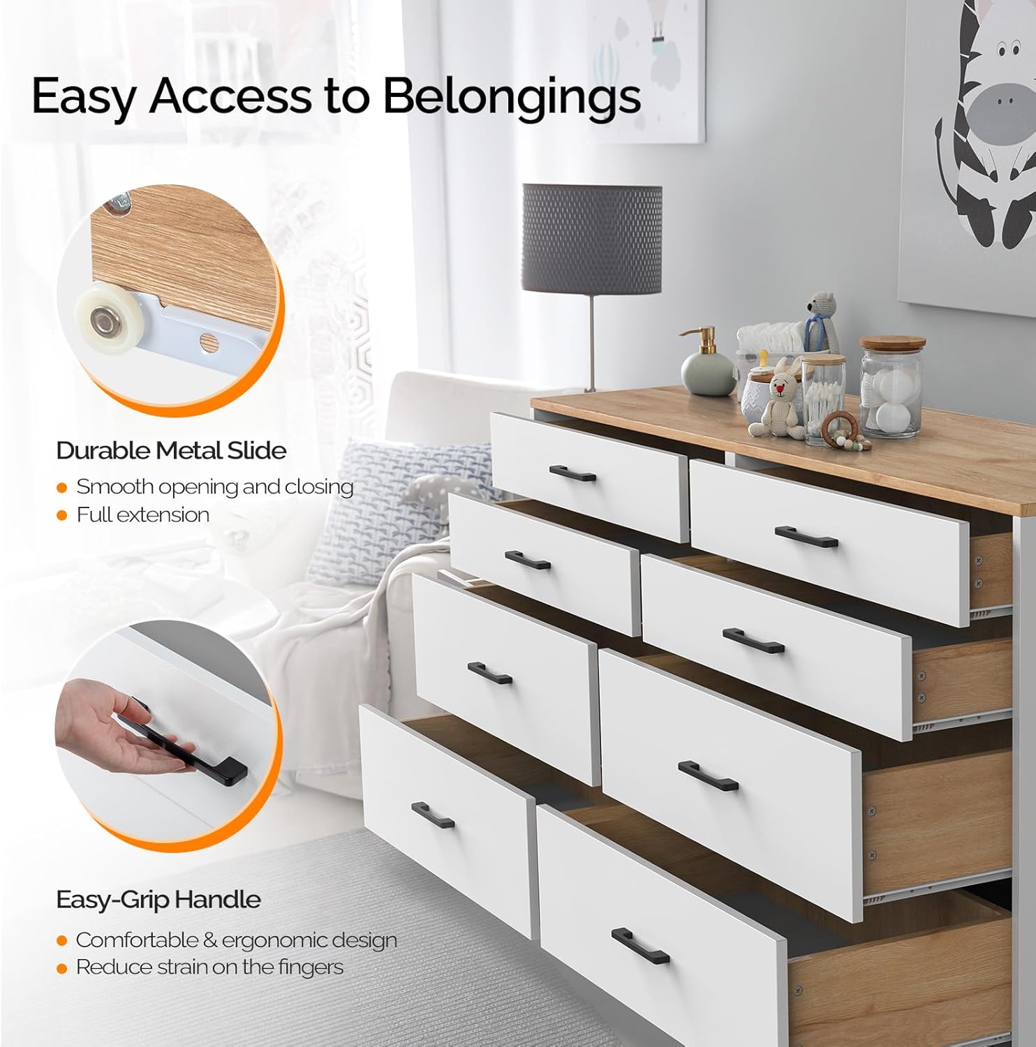 VINGLI 8 Drawer Dresser for Bedroom, White Dresser, Kids Dresser Wood Chest of Drawers, Baby Dresser for Nursery, Nursery Dresser, Storage Dresser Cabinet, Long Dresser, Modern Dresser, Brown Top