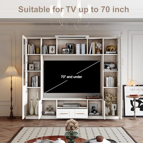 Entertainment Wall Unit, 4-Piece Large TV Stand Wall Unit Entertainment Center with Bookshelves & Storage, Wall Media Center with Shelves for TVs Up to 70", Media Console for Living Room, White
