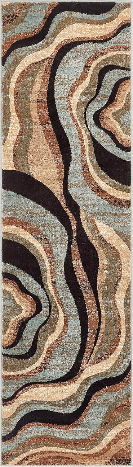 Hudson Waves Blue Brown Geometric Modern Casual Area Rug 8x10 8x11 ( 7'10" x 9'10" ) Easy to Clean Stain Fade Resistant Shed Free Abstract Contemporary Natural Lines Multi Soft Living Dining Room Rug