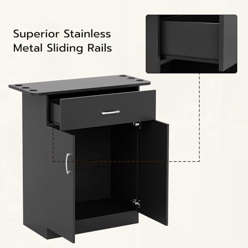 Wall Mount Salon Storage Station Barber Cabinet with Drawer and 2 doors, Hair Stylist Station with 6 Hair Dryer Holders, Beauty Styling Station Organizer Equipment(Black)