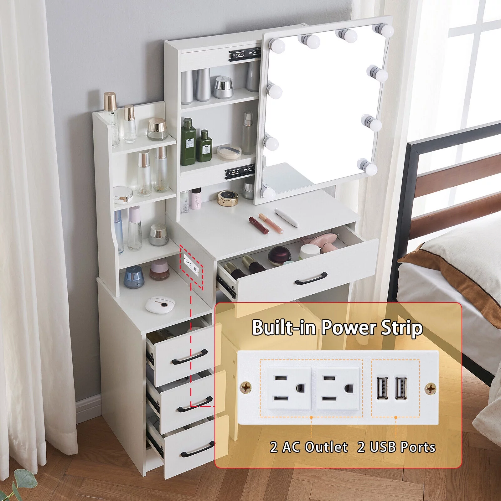 4 Drawers Makeup Vanity Desk with Power Outlet & Stool Mirror and 10 Bulbs Light