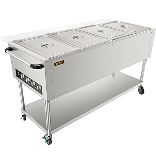 VEVOR Commercial Electric Food Warmer, 2-Pot Steam Table Food Warmer 0-100℃ w/ 2 Lockable Wheels, Professional Stainless Steel Material for Catering and Restaurants