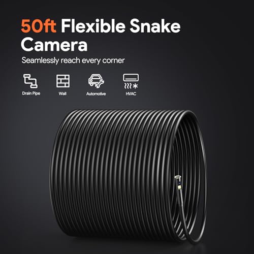 DEPSTECH 50ft Sewer Camera, 1080P HD Triple Lens Borescope, 5" IPS Screen Endoscope with Light, IP67 Waterproof Plumbing Drain Pipe Snake Inspection Camera with 32G Card, Carry Case