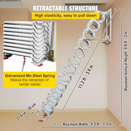 VEVOR Attic Steps Pull Down 12 Steps Attic Stairs, Alloy Attic Access Ladder, Blue Pulldown Attic Stairs, Wall-mounted Folding Stairs for Attic, Retractable Attic Ladder with Armrests, 9.8 feet Height
