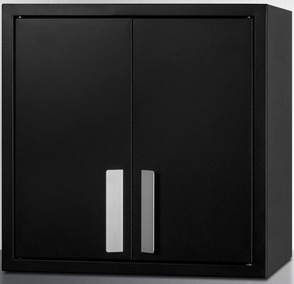 Summit Appliance CAB18TALLBLK 18' Wide Wall Cabinet with Powder Coated Metal Construction in a Black Finish with Two Shelves, French Doors, and Angled Steel Handles