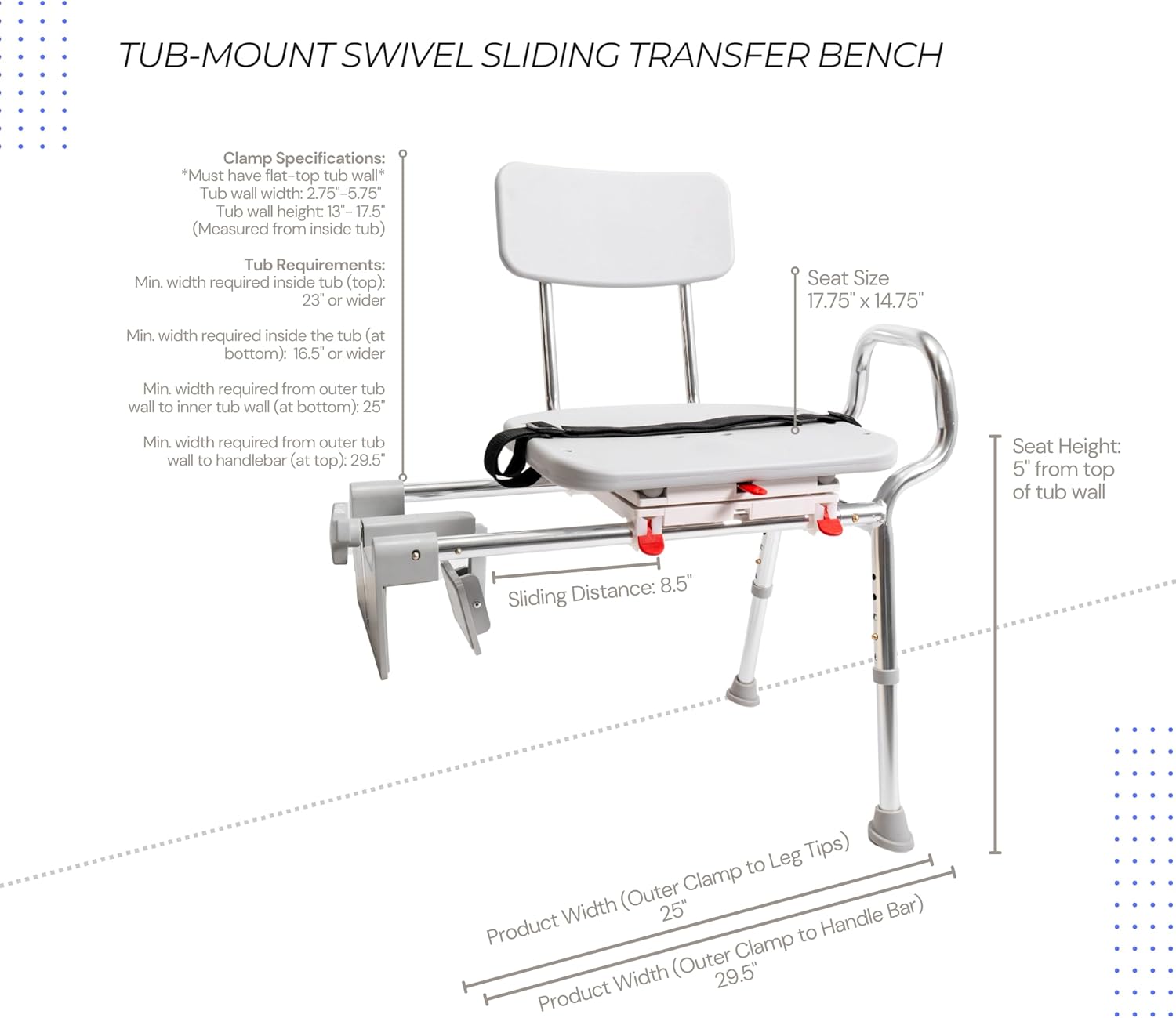 Tub-Mount Swivel Transfer Bench, Weight Capacity 350 LBs, for Safety Shower, for Elderly & Disabled (77762)