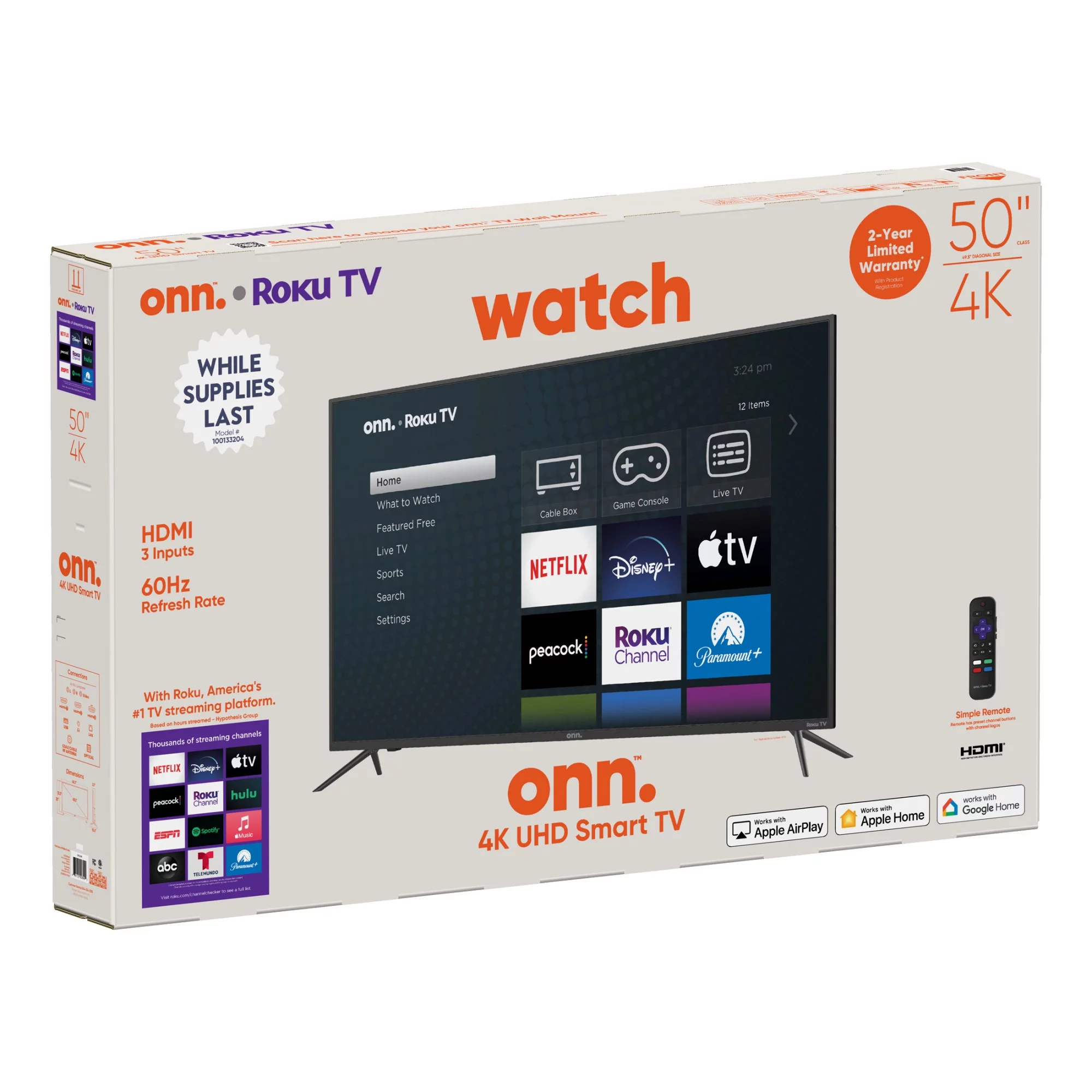 onn. 50” Class 4K UHD (2160P) LED Roku Smart TV HDR (100133204)