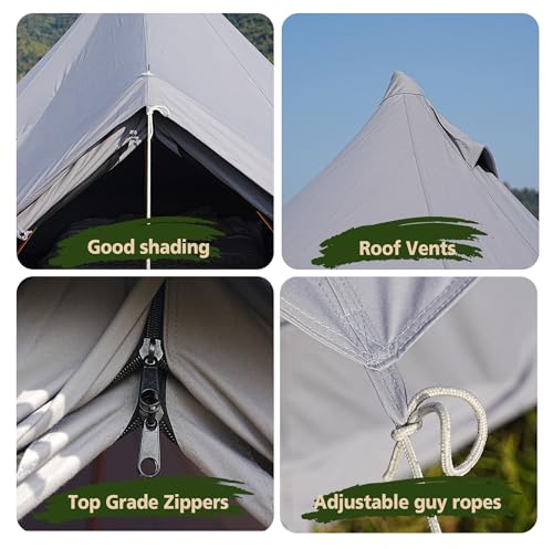Cotton Canvas Bell Tent, Waterproof Large Tents with Sturdy Center & Door Pole and Space for 4/6/8 Person All 4 Season Camping Yurt Tent