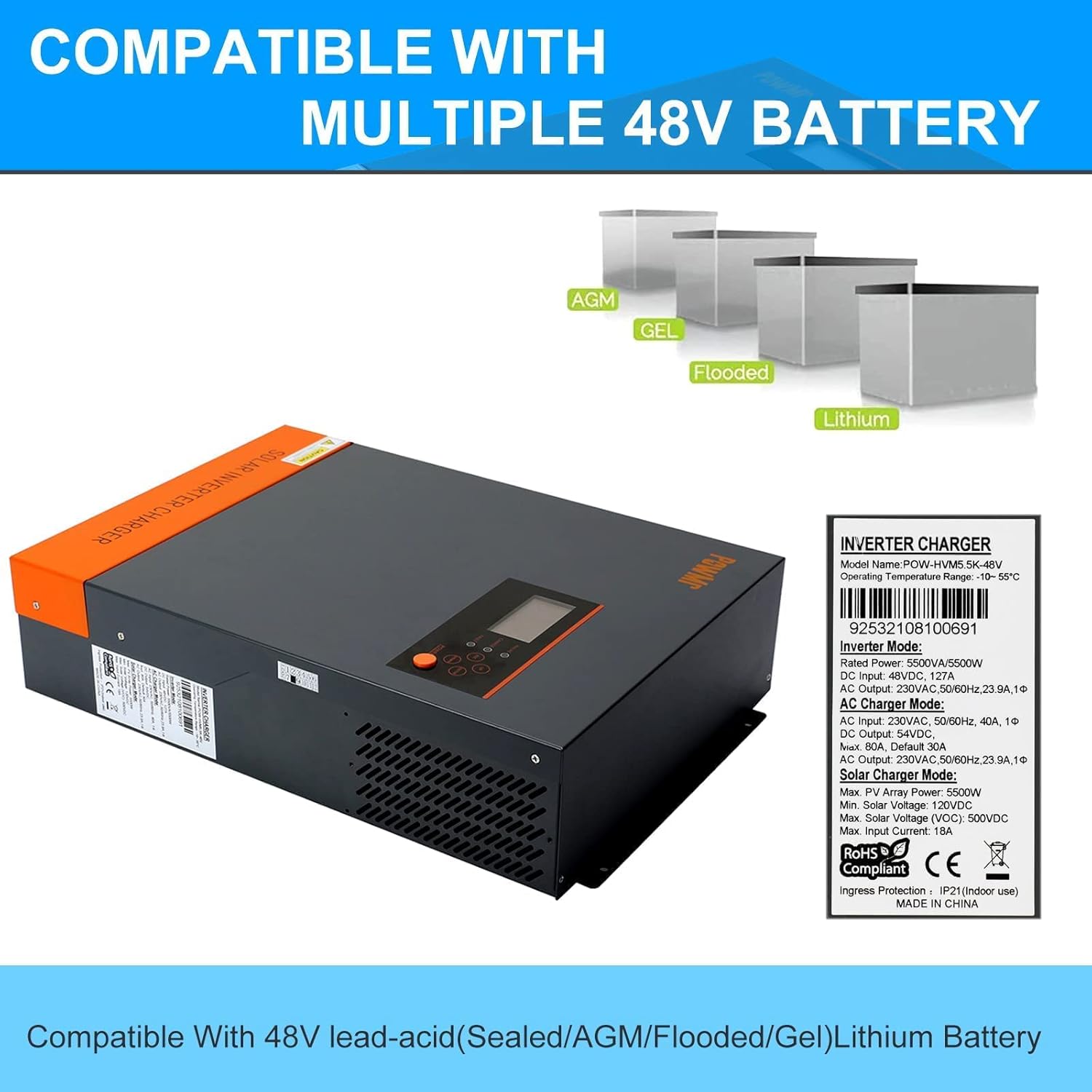 PowMr 5500W Hybrid Inverter 48V Pure Sine Wave Inverter Low Frequency Inverter DC 48V AC to 220V-230V AC Hybrid Solar Inverter Work Without Battery and Nine inverters in Parallel Solar Inverter