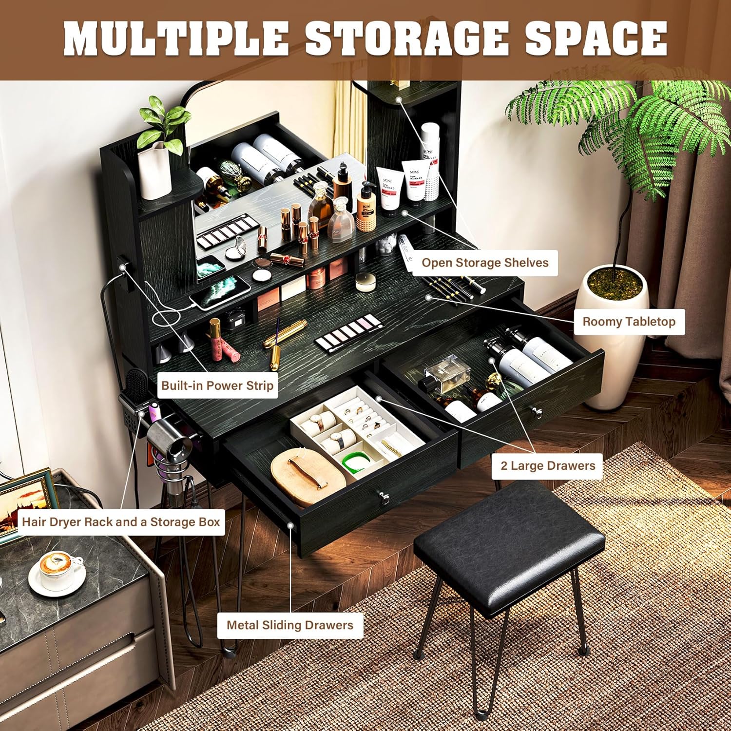 TC-HOMENY Makeup Vanity with Charging Station, Vanity Desk with 2 Drawers and Mirror, Black Vanity Desk Storage Shelves and Cushioned Stool, Vanity Table with Metal Hairpin Legs