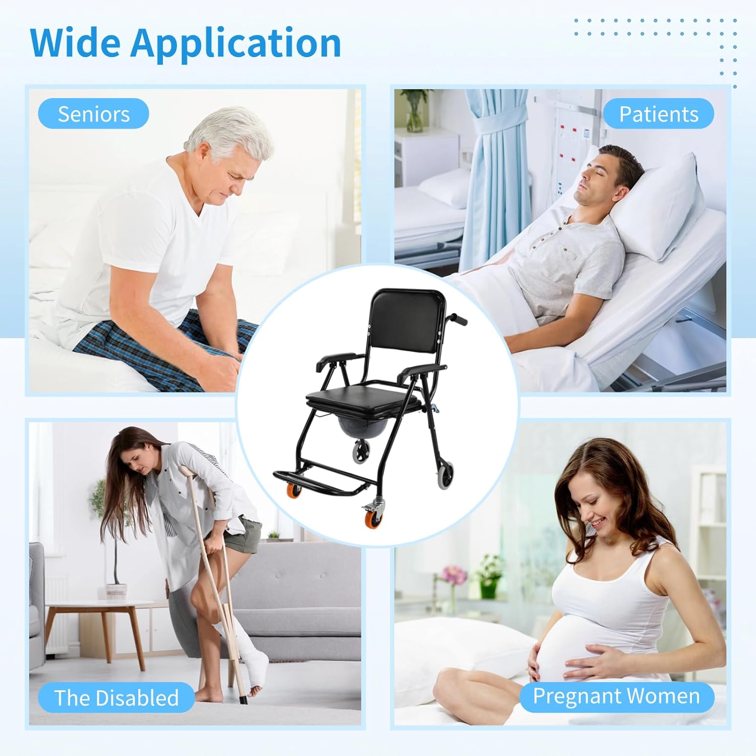 4-in-1 Bedside Commode Shower Wheelchair, Mobile Shower Commode Chair with Lockable Wheels, Foldable Potty Chair with 3 Rolls Bags, Armrests & Footrest for Elderly and Disabled-300lbs