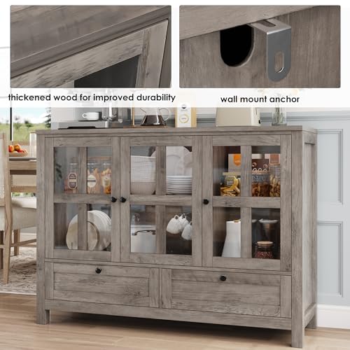 Keyluv Buffet Cabinet Wood/Glass Sideboard Storage Cabinet with 3 Doors and 2 Drawers, 47.2 inches Kitchen Buffet Table for Dining Room, Living Room, Entryway, Rustic