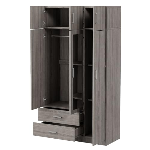 6-Door Armoire Wardrobe Closet with Mirror, 2 Drawers Wooden Armoire Closet Cabinet for High Storage Capacity, Bedroom Armoires with 1 Hanging Rod 41.3" L x 19.5" W x 81.1" H