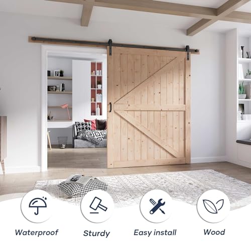 FREDBECK 48in x 80in Sliding Wood Barn Door with 8FT Barn Door Hardware Kit Included K Shape Solid Spruce Panel Sliding Door Double Surfaces Need to Assembly