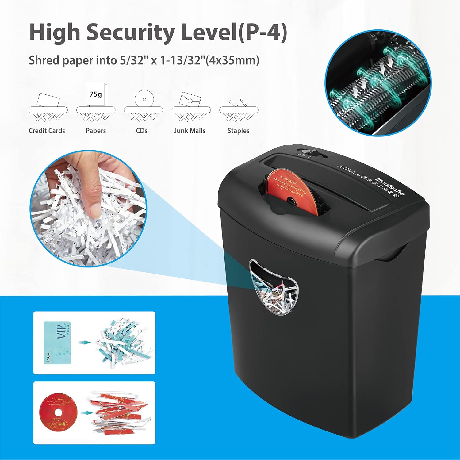 Woolsche CD222P 8-Sheet Cross Cut Paper Shredder with 3.43-Gallon Visible Bin，P-4 Security Level, 3-Mode Design Shred CD and Credit Card Paper Shredder for Home Use Pack of 2