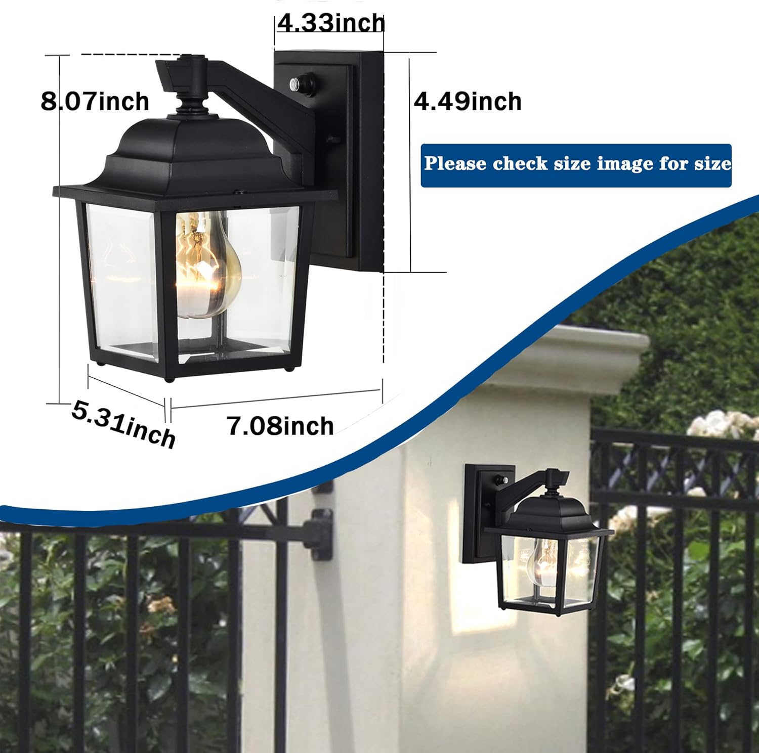 Black Outdoor Wall Lights 1 Light Porch Lights 2 Packs Dusk to Dawn Outdoor Wall Lantern with Sensor