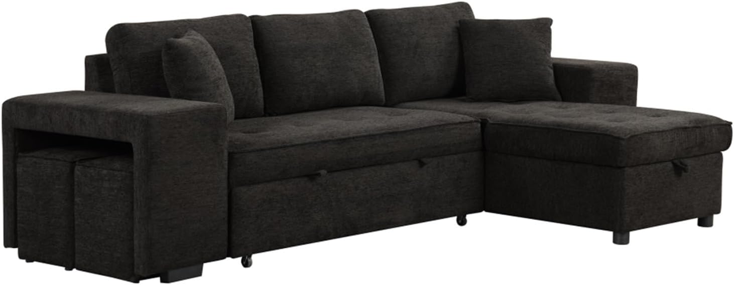 TONDI 104"" Modern L-Shape 3 Seat Reversible Sectional Couch, Pull Out Sleeper Sofa with Storage Chaise Charcoal Grey,Sofa Couch, qz-7461