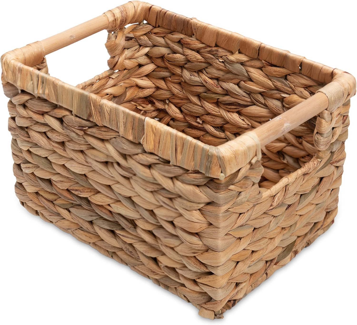 VATIMA Large Wicker Basket Rectangular with Wooden Handles for Shelves, Water Hyacinth Basket Storage, Natural Baskets for Organizing, Wicker Baskets for Storage 14.5 x 10.3 x 7.2 inches