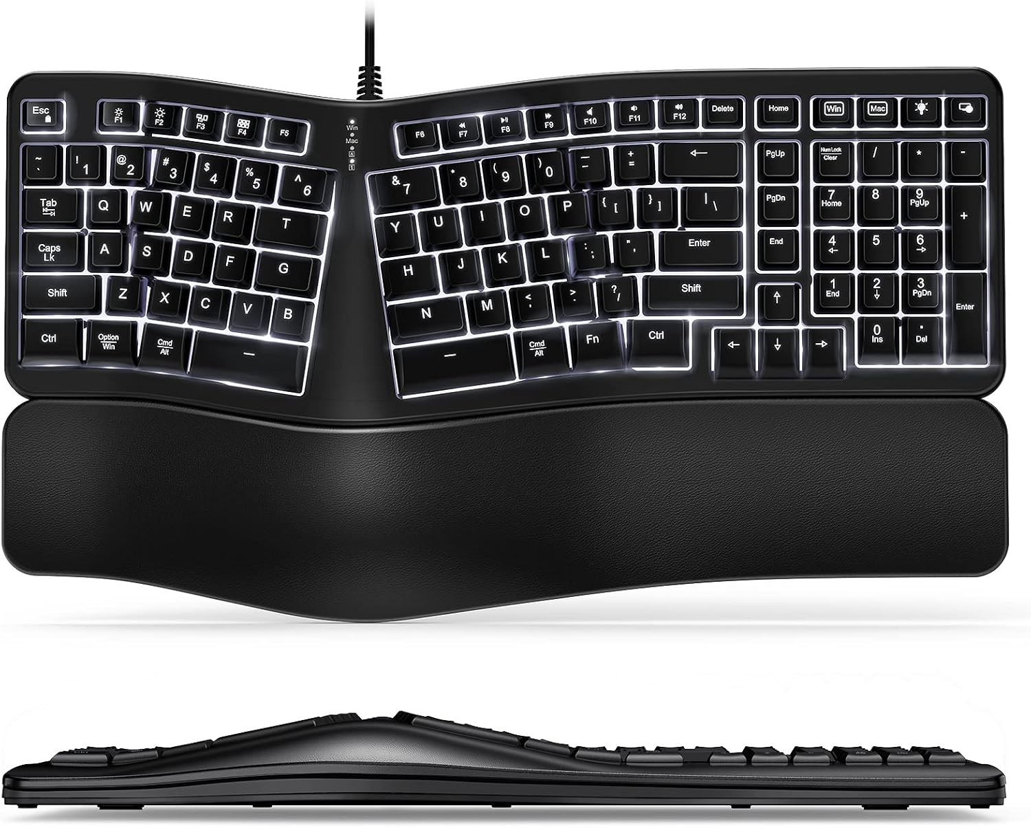 Backlit Wired Ergonomic Keyboard USB Split Keyboard with Wrist Rest and Comfortable Typing, 104 Keys, 10 Shortcuts, 5.2ft USB Cable for Windows, Mac and Laptop PC Computer