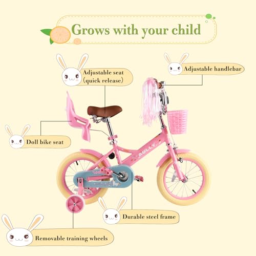 RULLY Kids Bike 12 14 16 inch for 2-7 Years Girls with Training Wheels & Front Handbrake, Kids Bicycle with Basket Bike Streamers Toddler Cycle Bikes