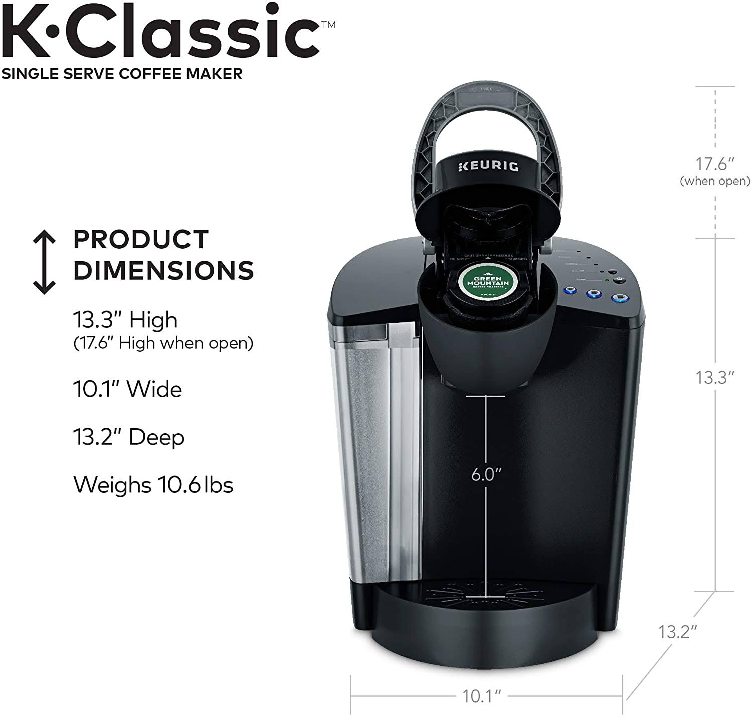 Keurig K-Classic Coffee Maker, Single Serve K-Cup Pod Coffee Brewer, 6 to 10 oz. Brew Sizes, Black