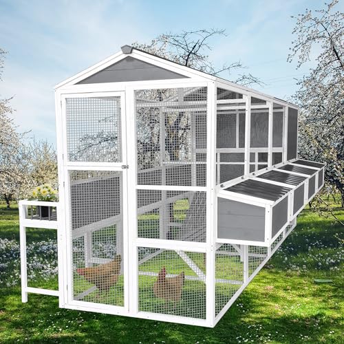 95''X80''X83'' Wooden Chicken Coop with Run – 3-Tier Walk-in Poultry House for 8-10 Chickens, Nesting Boxes, Pull-Out Trays & Rainproof Cedar Design – Gray Outdoor Backyard Cage