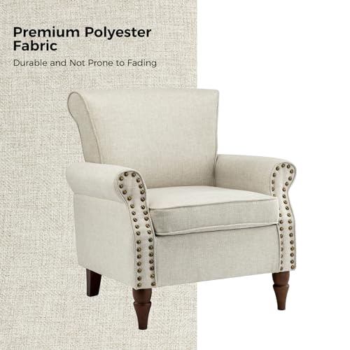 HULALA HOME Modern Accent Chair with Wooden Legs & Nailhead Trim, Small Fabric Club Chair, Comfy Upholstered Armchair Lounge Chair for Bedroom Living Room Single Sofa(Ivory)