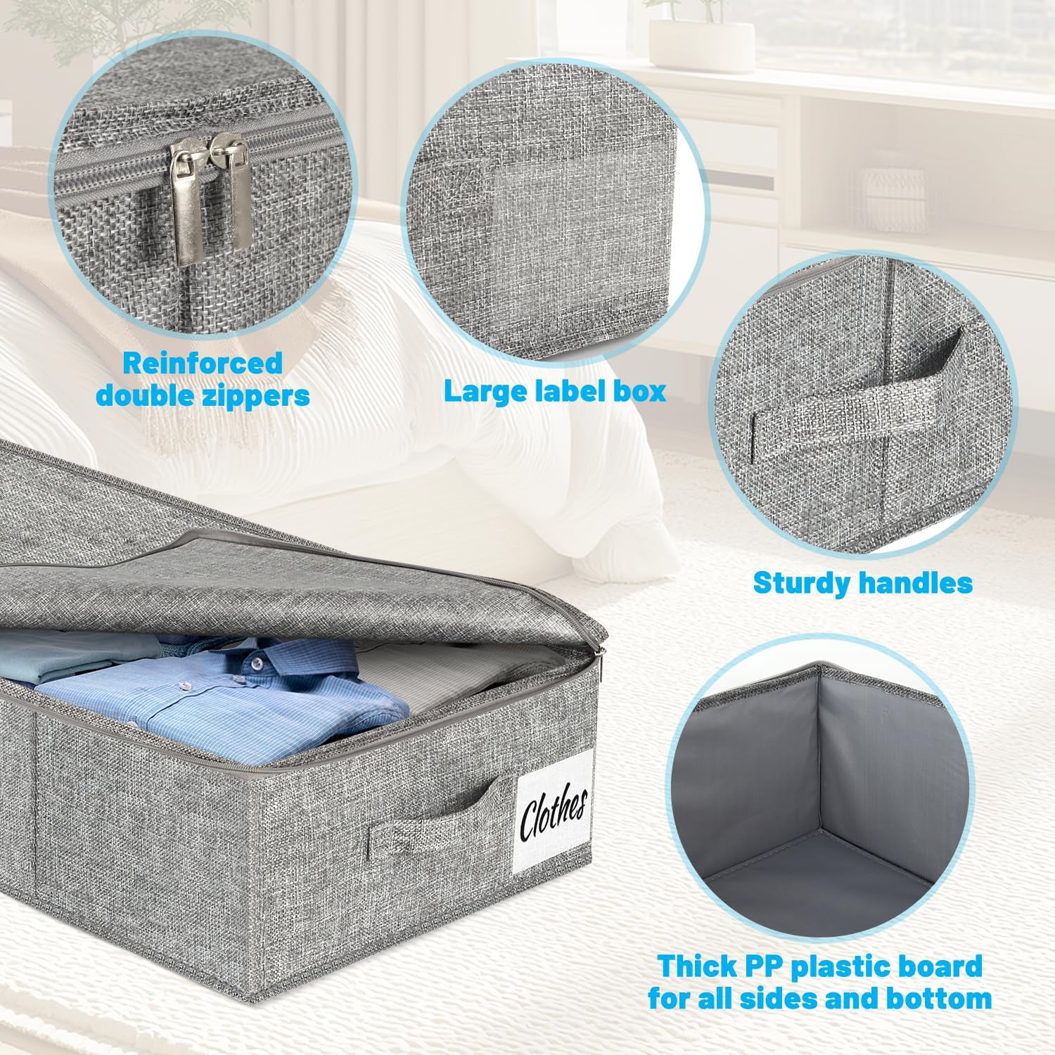Under Bed Storage Container Bin 2 Pack, Low Profile Foldable Underbed Clothes Storage Organizer W/ Ultra Thick Fabric and Sturdy Bottom/Sides, Dual Zipper Storage Box for Dorm and Home 30x15x6.7