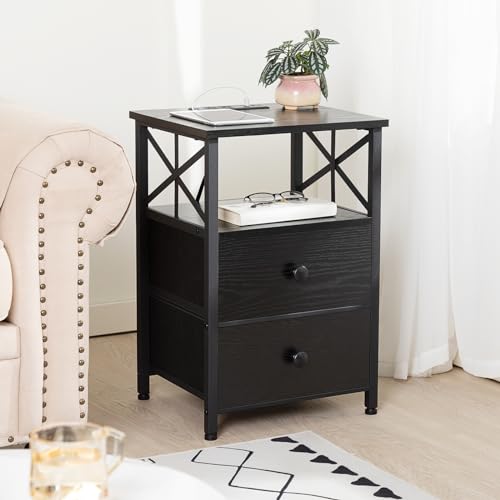 AMHANCIBLE Night Stand Set 2, Nightstand with Charging Station, End Tables Living Room with USB Ports and Outlets, Bedside Tables with Fabric Drawers for Bedroom, Dark Grey HET05XDG