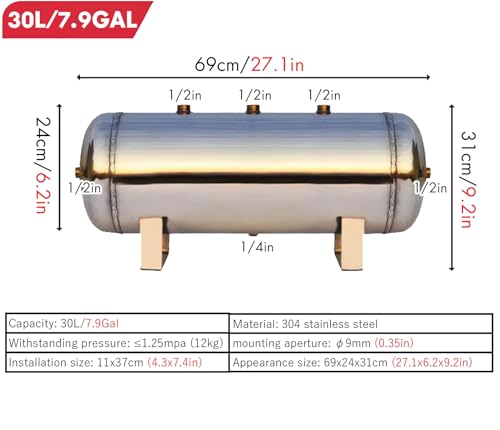 Air Storage Bladder Containers/Compressed Air Tank Kit Mini Large - 1Gal 2Gal 5Gal 8Gal 10Gal 13Gal Horizontal Tanque De Aire para Compresor Stainless Stee with Gauge & Safety Valve