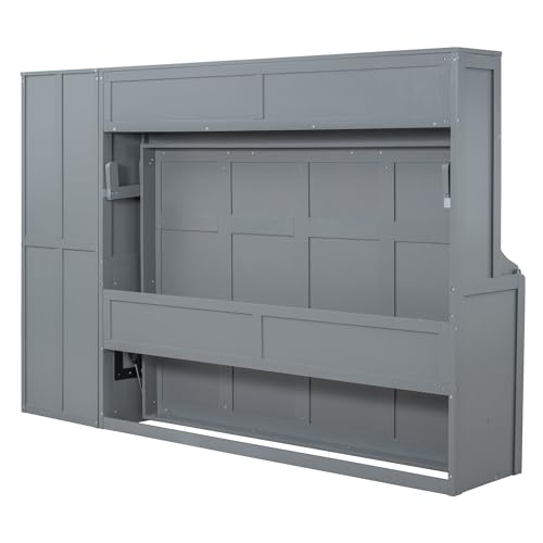 SOFTSEA Queen Size Horizontal Murphy Bed, Queen Murphy Bed with Desk Wardrobe Storage Shelf, Queen Hideaway Wall Bed with Drawers Space-Saving for Guest Room Bedroom or Office, Gray