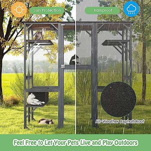 Tangkula Catio Outdoor Cat Enclosure Large, 72 Inch Tall Wooden Cat House with Weatherproof Asphalt Roof, Cat Cage Playpen on Wheels with 4 Platforms & 2 Resting Boxes, Walk-in Cat Kennel Condo