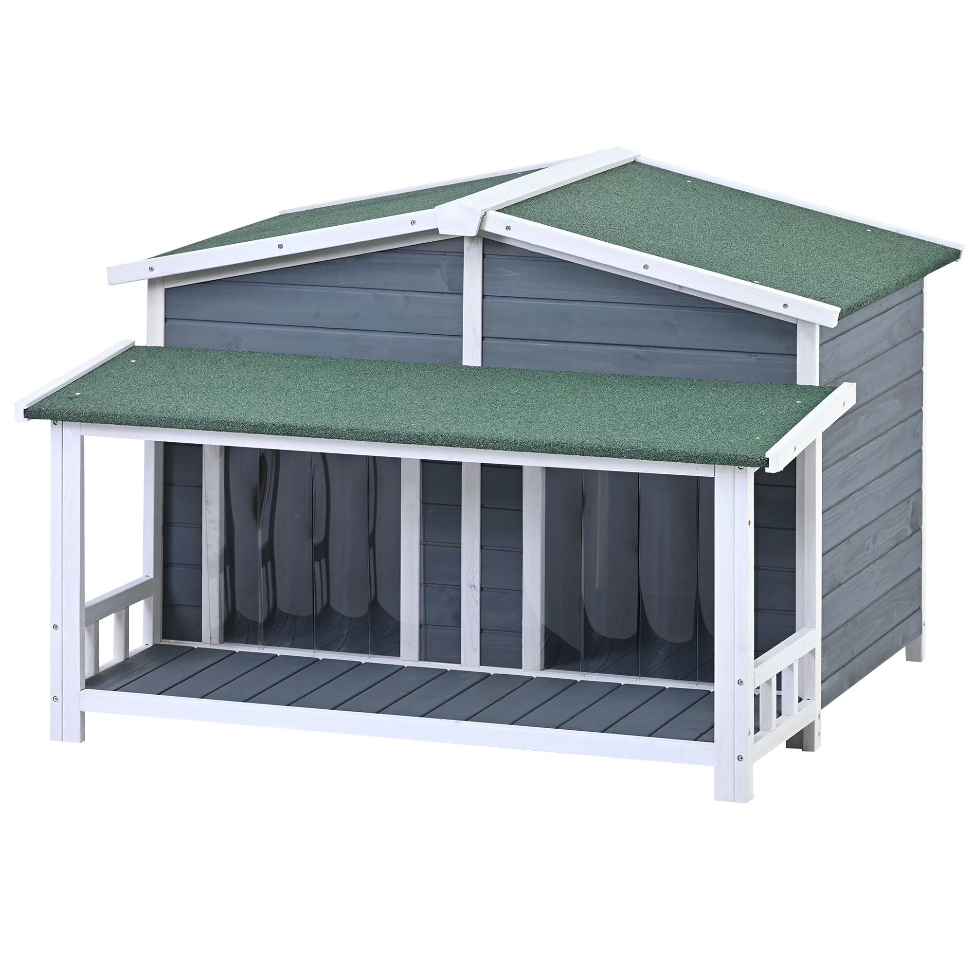Soges 47" Large Wooden Dog House Outdoor, Pet Log Cabin Home With Porch Deck for Large/Medium Dogs, Gray&Green