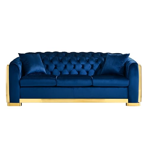 WILLIAMSPACE 81.1" Tufted Velvet Sofa Couch for Living Room, 3 Seater Button Sofa with Stainless Steel Gold Plating Decoration, Comfy Soft Upholstered Couch with 2 Pillows - Blue
